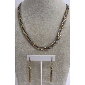 Vintage Tricolor Braided Necklace & Dangle Earrings Rose, Silver, & Gold Toned